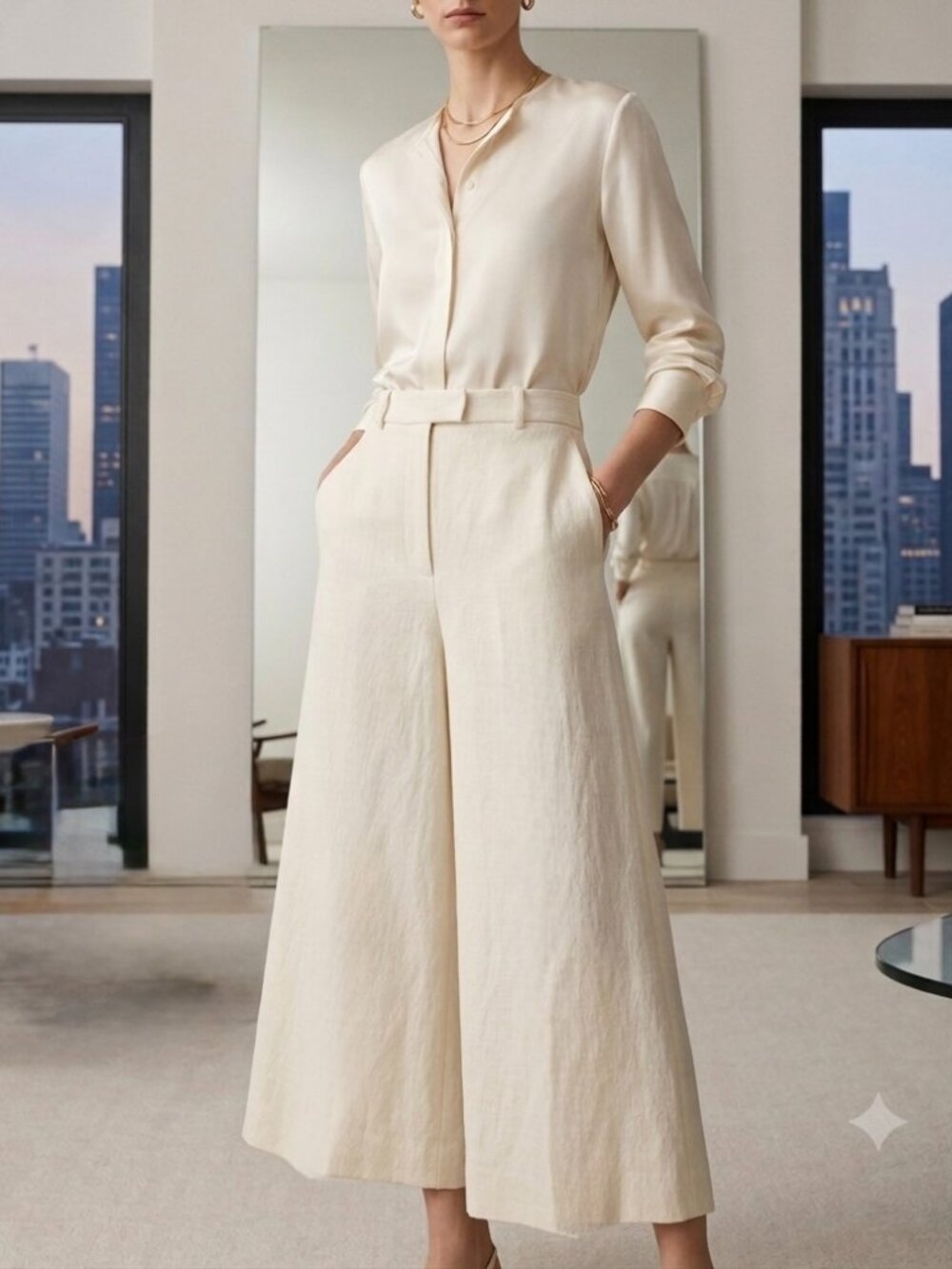 BOTTEGA VENETA Linen Off White Wide Leg Cropped Pants It 46/US 10 Style 663520